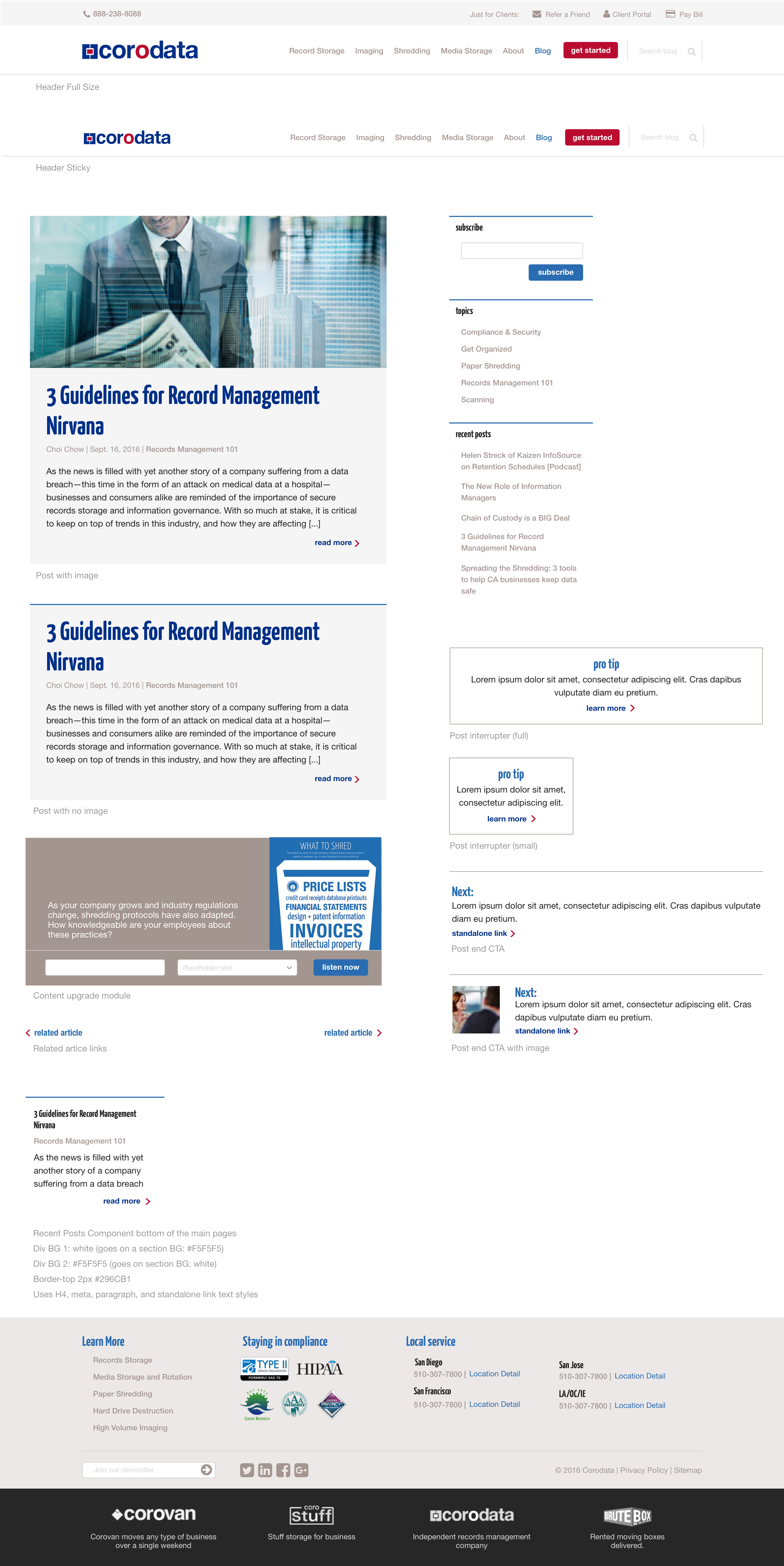 Corodata component library documenting reusable UI elements and code snippets for the in-house marketing team to use when styling blog and landing page content