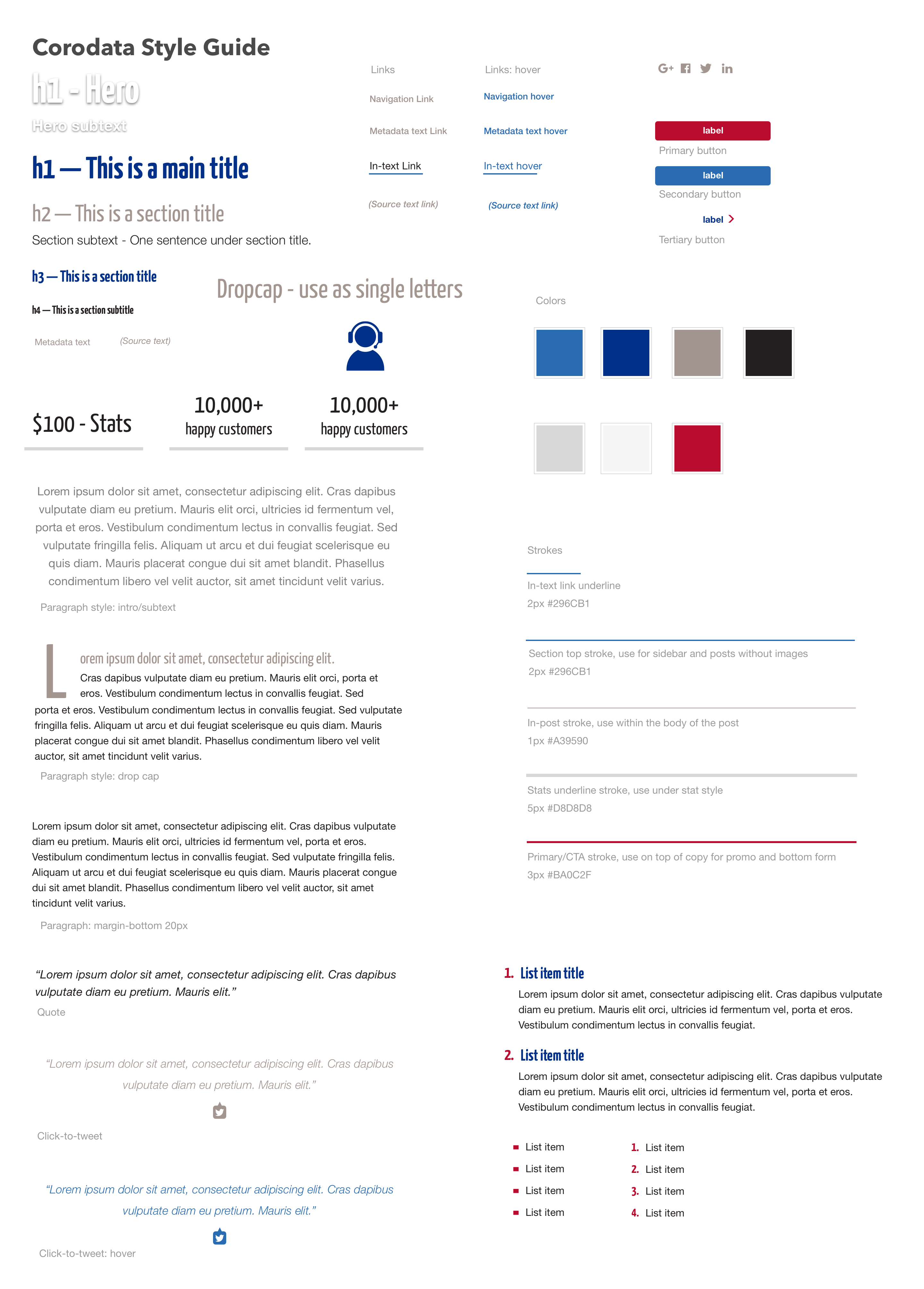 Corodata modular style guide showing the updated colour palette, typography scale, and visual design standards created for the developer to reference during the site rebuild
