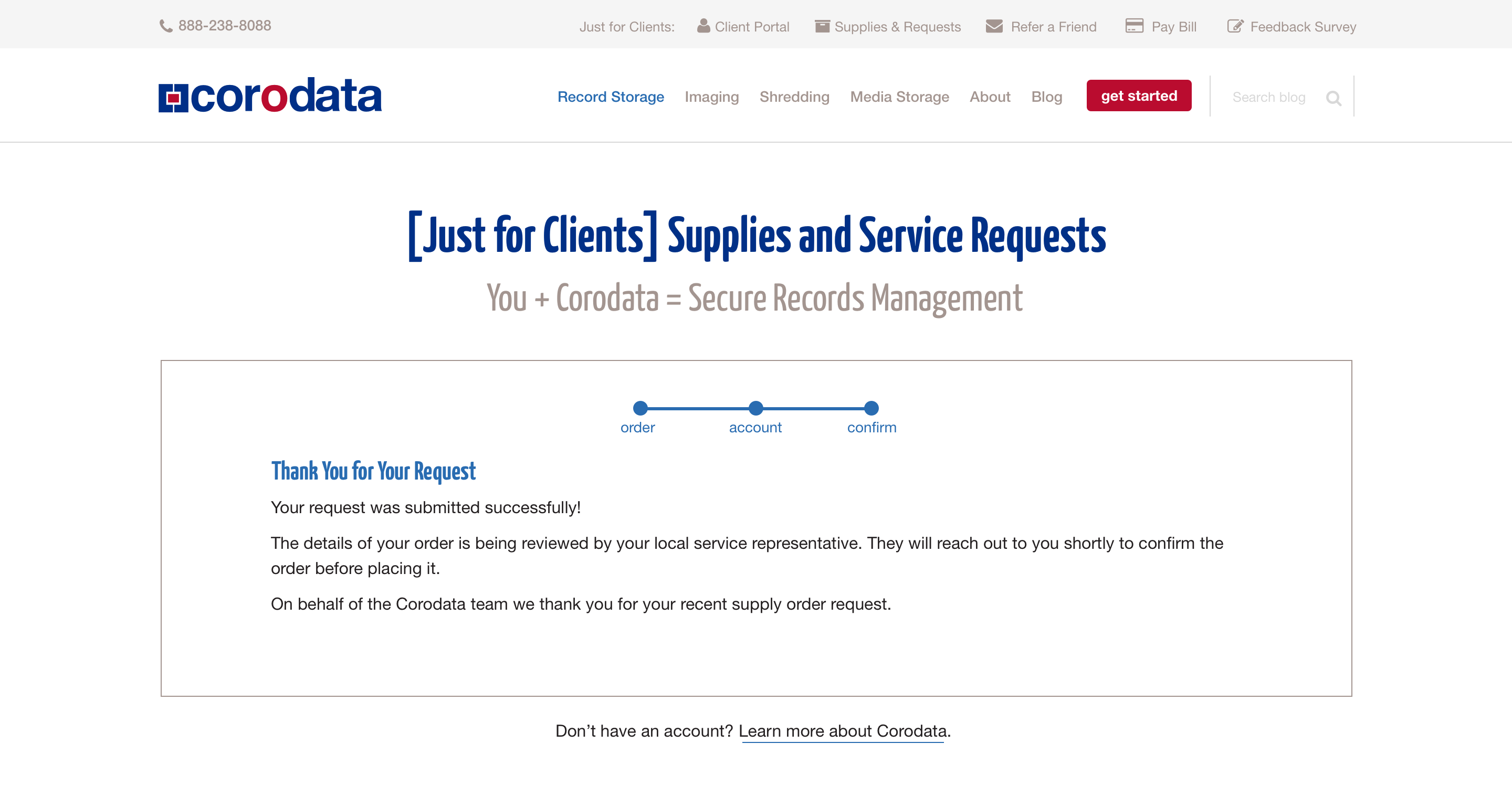 Redesigned Corodata supplies order form, step 3 of 3: order confirmation screen summarising the submitted request