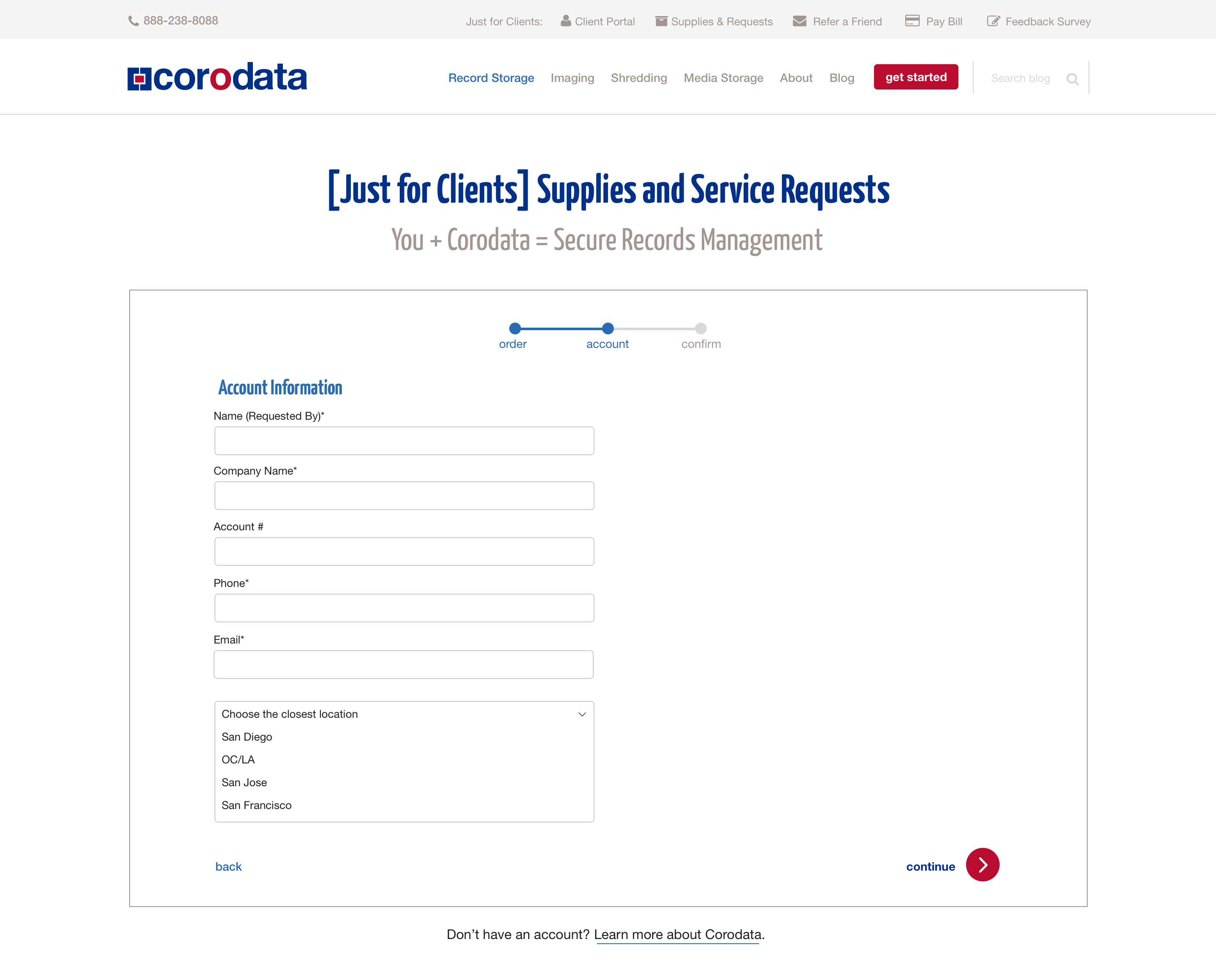 Redesigned Corodata supplies order form, step 2 of 3: account and delivery information entry
