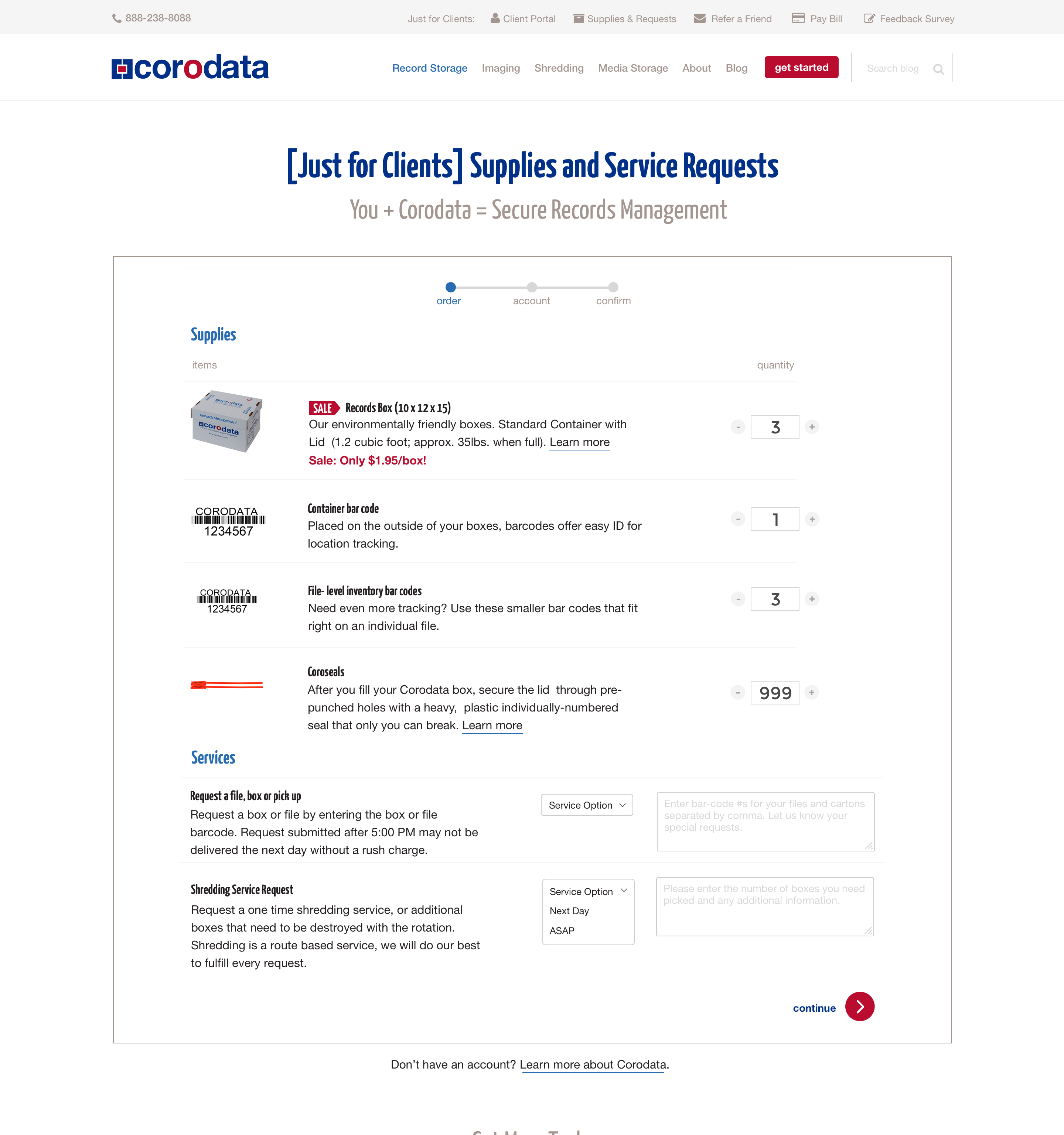 Redesigned Corodata supplies order form, step 1 of 3: supplies selection, letting customers browse product details inline while building their order