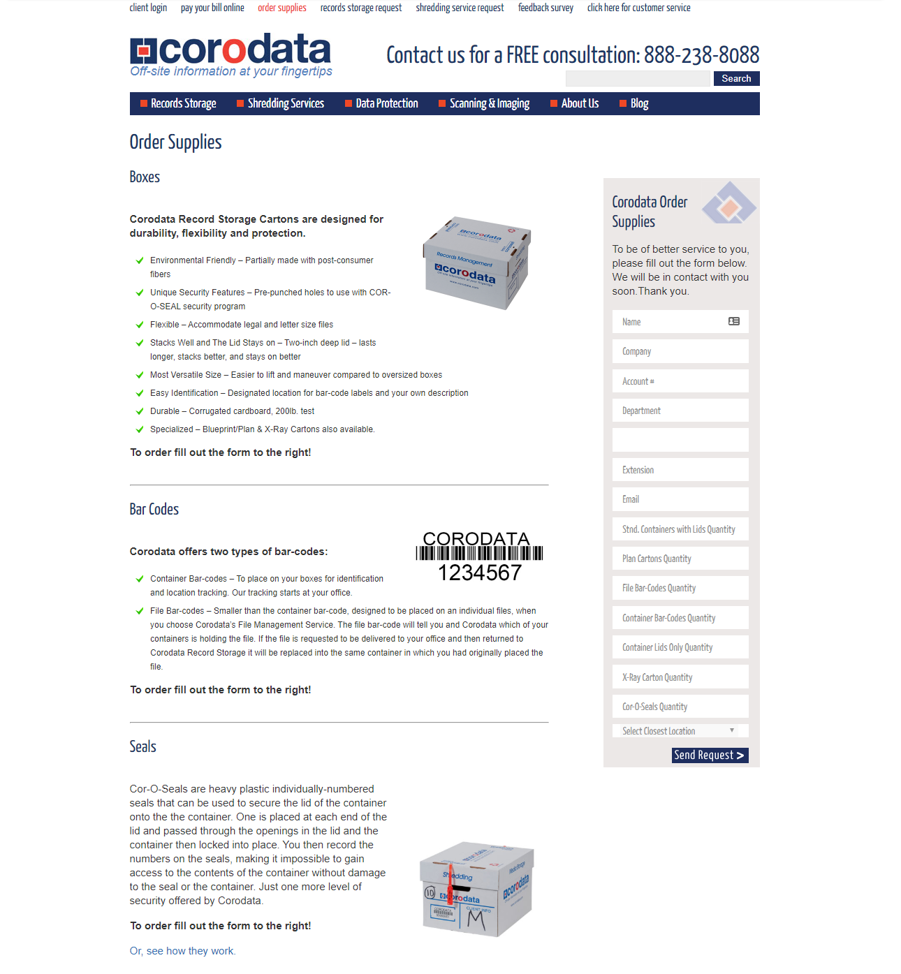 Screenshot of the old Corodata client support supplies form, showing a single long page that captures all order and account information at once, making it overwhelming and accessible to non-customers