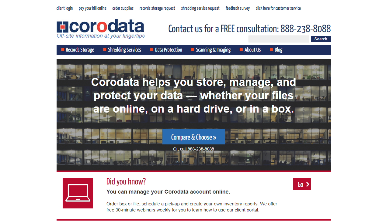 Screenshot of the old Corodata homepage, built primarily for informational content and SEO with minimal emphasis on online customer transactions or self-service