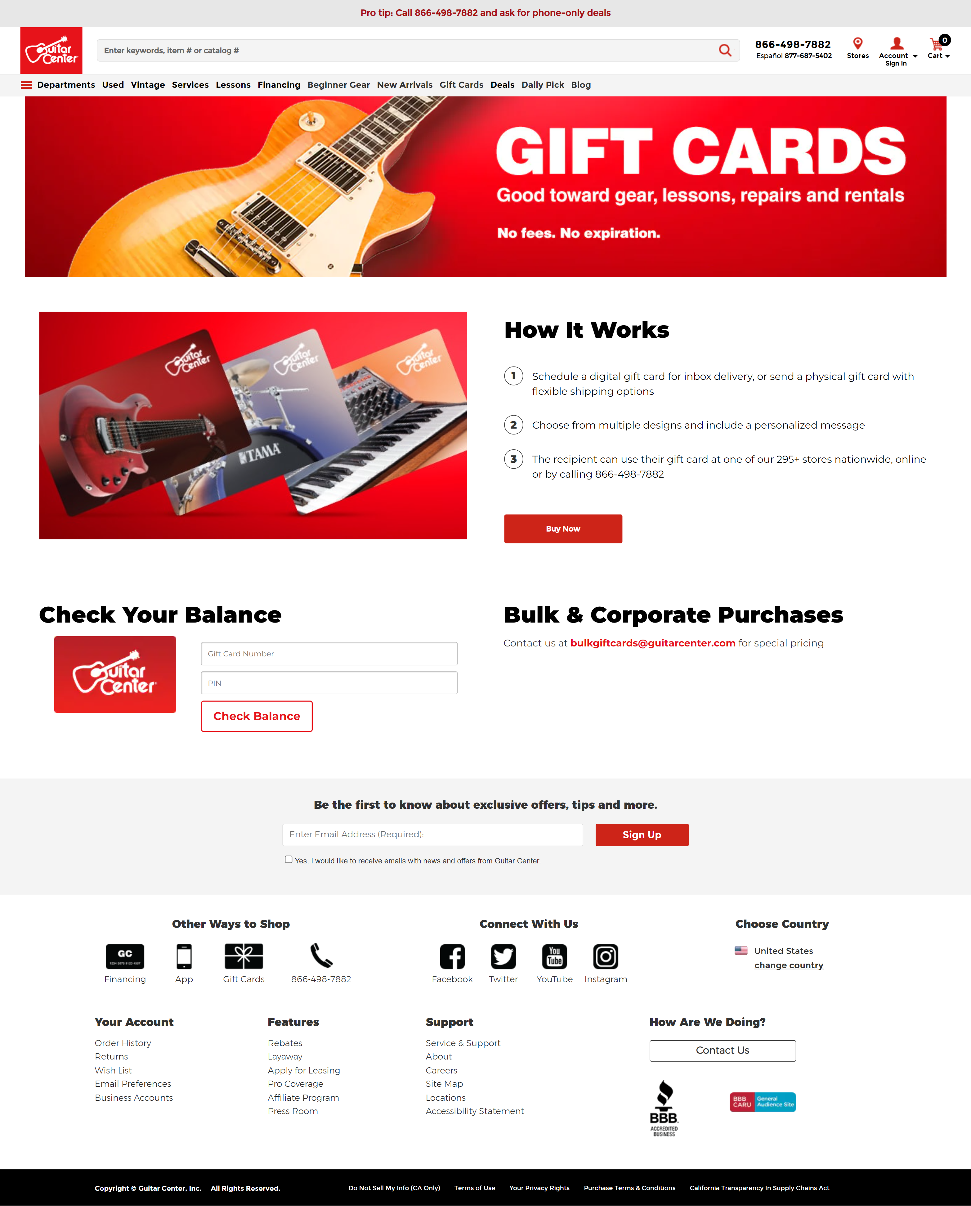 Final redesigned Guitar Center gift card page showing a unified purchase flow for digital and physical cards, clear usage information, increased digital denomination options, and a gift card balance checker