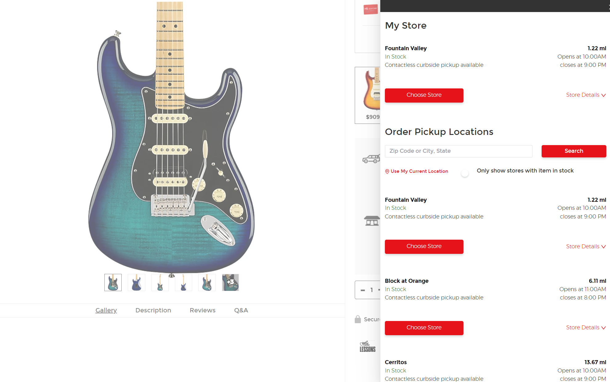 Redesigned Guitar Center in-store pickup module on the product detail page, showing a current store indicator, change pickup location input, and a filter to display only stores with the item in stock